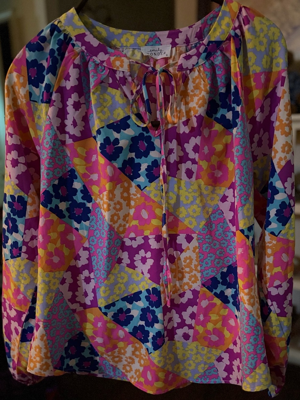 Emily Wonder Tie Neck Floral Patchwork Blouse - Multicolor - Small